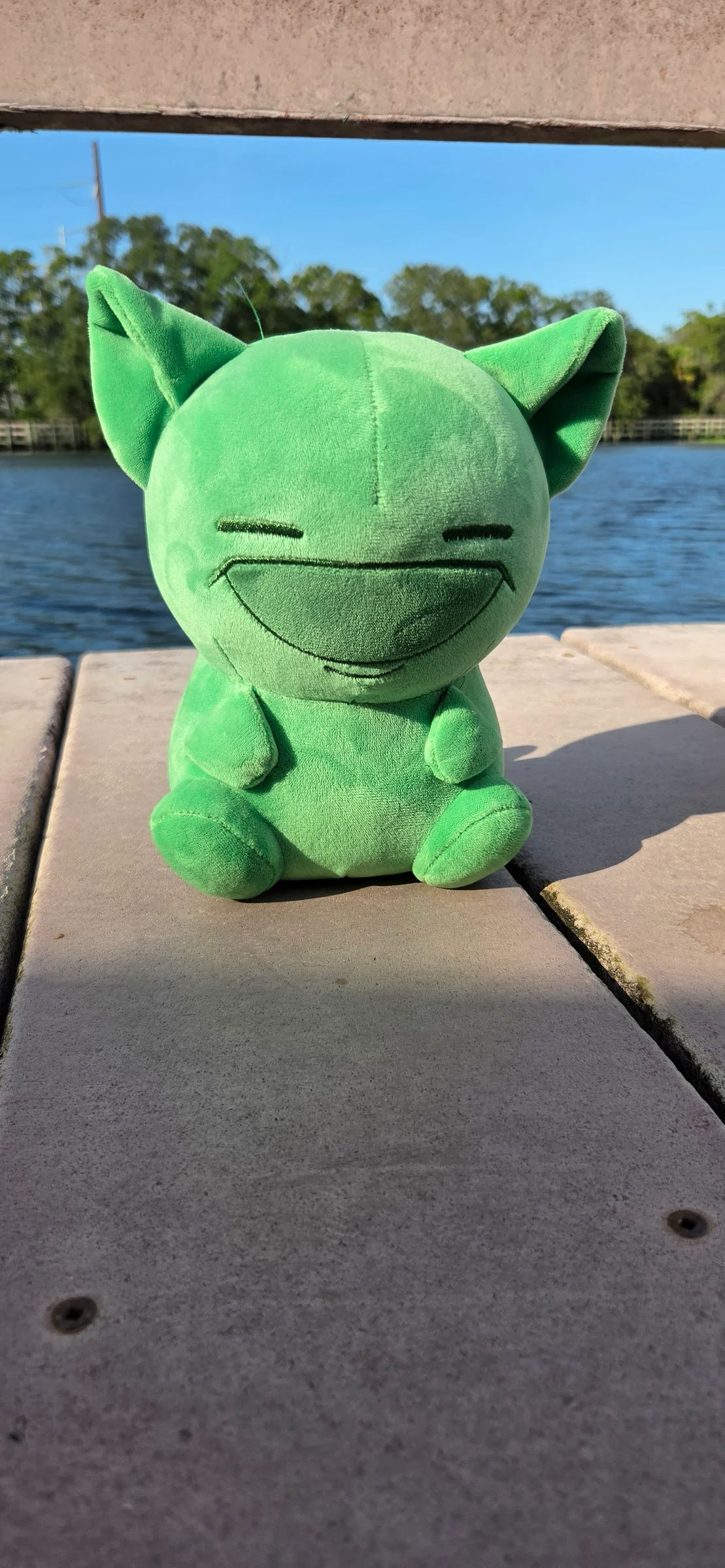 Viscous Catlock plush sample photographed by a lake